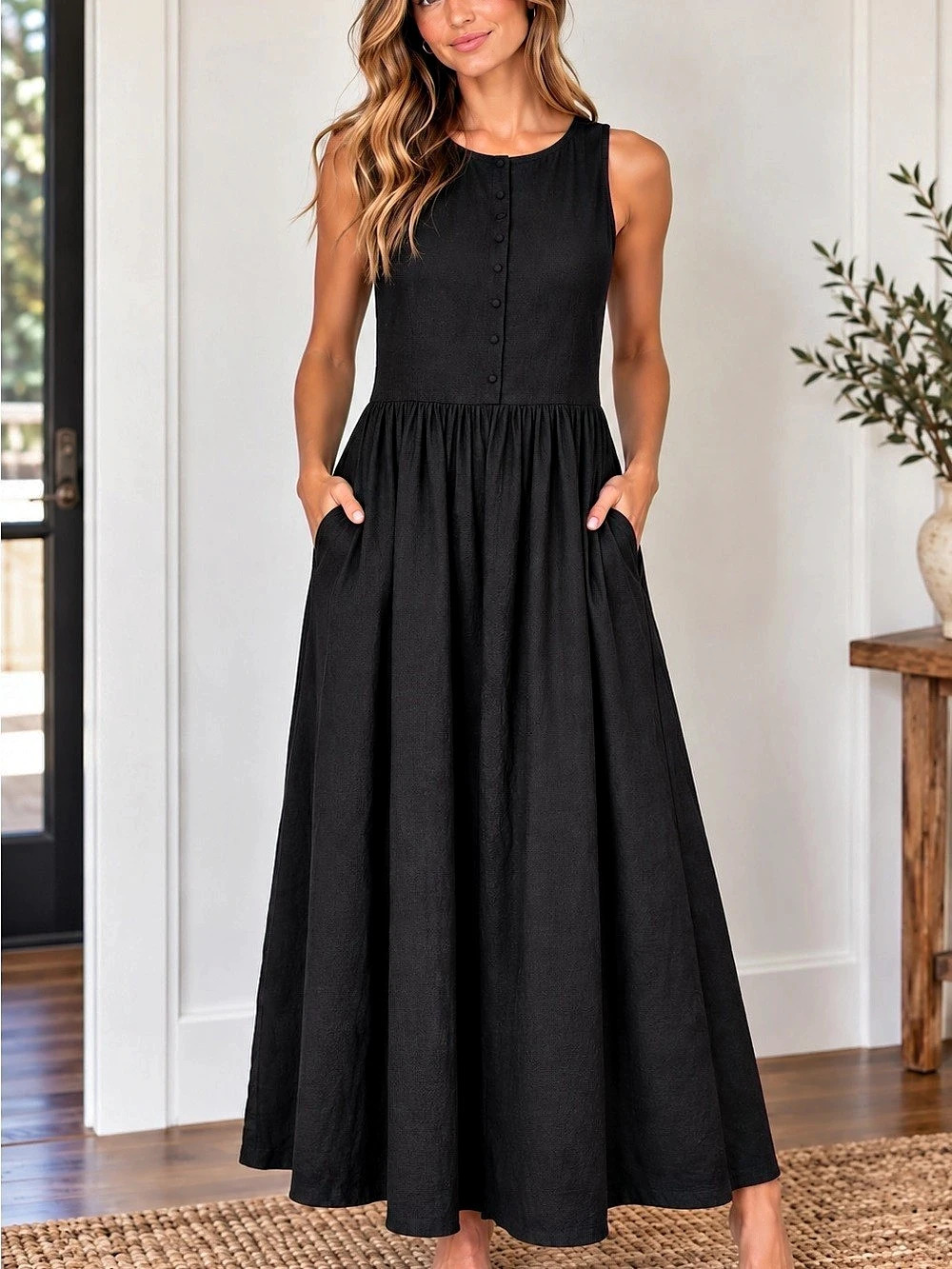 Klesis  Button-Front Maxi Dress in Black Size Small